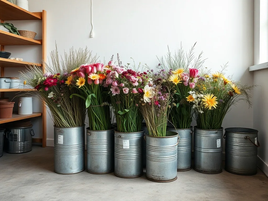 Galvanised buckets of cut stems standing on a concrete floor against a plain white wall in a work room.