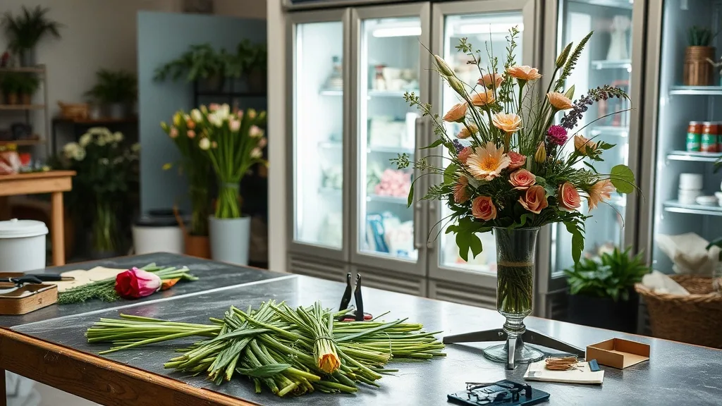A florist work bench part way through an arrangement, cut stems and clippers on the zinc top, a finished vase standing at the end of it, glass cooler doors behind.