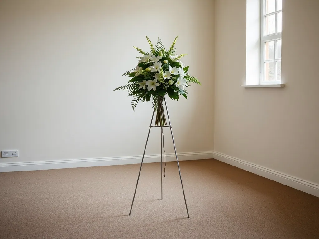 A standing spray of white and green flowers on a wire easel in an empty carpeted room.