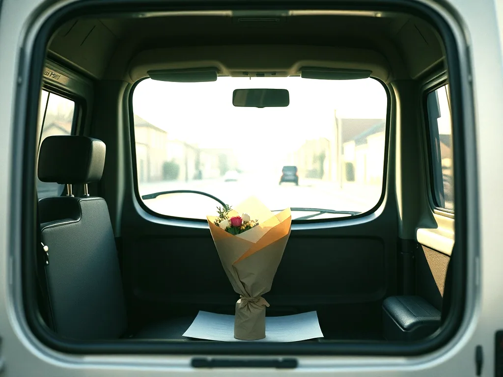 A wrapped bouquet standing in the back of a small delivery van, the road and a row of houses through the windscreen.